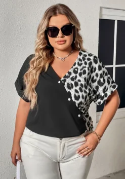 Summer Casual Top Contrast Color Leopard Patchwork Loose Short Sleeve V-Neck Shirt -Plus Size Dresses Shop f725073bef3bc249