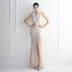 Plus Size Women Elegant Sequin One Shoulder Slit Evening Dress -Plus Size Dresses Shop f751586b1f795713