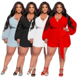 Plus Size Women Solid Chiffon Long Sleeve With Belt Romper -Plus Size Dresses Shop f762a399a8b27c70