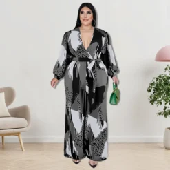 Plus Size Women Long Sleeve V-Neck Bell Bottom Jumpsuit -Plus Size Dresses Shop f84f4558257ee160