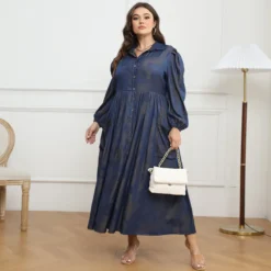 Plus Size Women Button Turndown Collar Long Sleeve Maxi Dress -Plus Size Dresses Shop f852367ea891c5ef