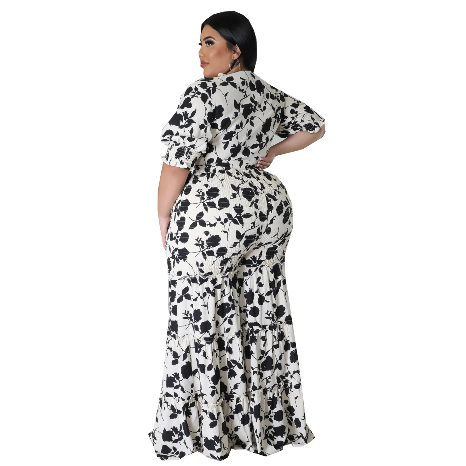 Women's Lace-Up Printed Two-Piece Suit Wide Leg Pants Plus Size 8 Women's Lace-Up Printed Two-Piece Suit Wide Leg Pants Plus Size - Image 6