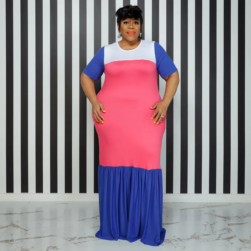 Plus Size Women's Round Neck Short Sleeve Multicolor Patchwork Swing Maxi Dress 10 Plus Size Women's Round Neck Short Sleeve Multicolor Patchwork Swing Maxi Dress - Image 8