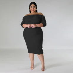 Plus Size Women's Fall Set Off Shoulder Solid Bubble Two Piece Skirt Set