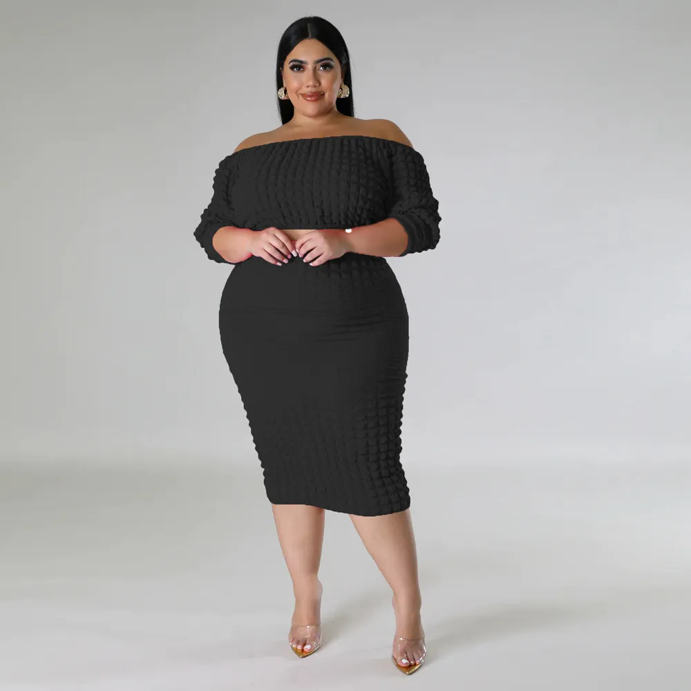 Plus Size Women's Fall Set Off Shoulder Solid Bubble Two Piece Skirt Set 3 Plus Size Women's Fall Set Off Shoulder Solid Bubble Two Piece Skirt Set