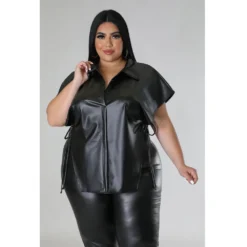 Plus Size Women's Pu Leather Shirt Summer Casual Loose Fit Solid Top -Plus Size Dresses Shop fa83164d124939da