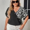 Summer Casual Top Contrast Color Leopard Patchwork Loose Short Sleeve V-Neck Shirt -Plus Size Dresses Shop fb7adea8381997f5