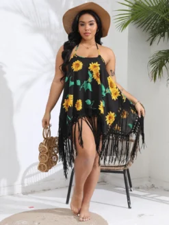 Plus Size Women Beach Strap Printed Handhook Tassel Lace-Up Backless Dress -Plus Size Dresses Shop fc2b796884deee21