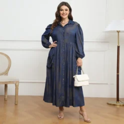 Plus Size Women Button Turndown Collar Long Sleeve Maxi Dress -Plus Size Dresses Shop fc5837332d28d45b