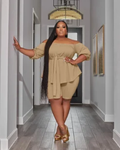 Plus Size Women Off Shoulder Solid Top And Shorts Casual Two-Piece Set -Plus Size Dresses Shop fcbf3001fadea367