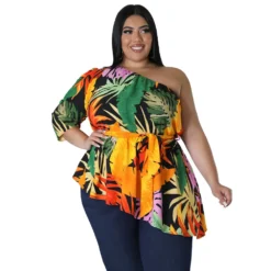 Summer Printed Plus Size Ladies One Shoulder Long Sleeve Lace Up Top -Plus Size Dresses Shop fd25b2e151e51c93
