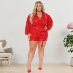 Plus Size Women's Sequins Long Sleeve V Neck Rompers -Plus Size Dresses Shop fd9ebb89a77db583