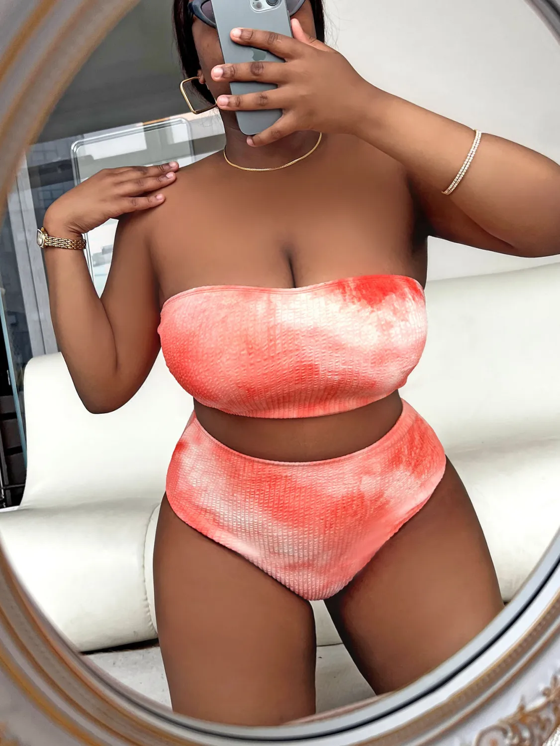 Sexy Plus Size Orange Tie Dye Strapless High Waist Bikini 8 Sexy Plus Size Orange Tie Dye Strapless High Waist Bikini - Image 6