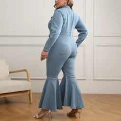 Plus Size Women's Zipper Turndown Collar Long Sleeve Bell Bottom Denim Jumpsuit -Plus Size Dresses Shop fe08055f864d6f42