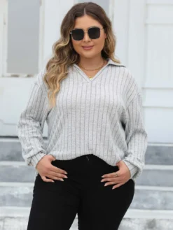 Women's Tops Plus Size Women's Turndown Collar Knitting Shirt Ribbed Basic Casual T-Shirt -Plus Size Dresses Shop fe2fbb1081a7e960