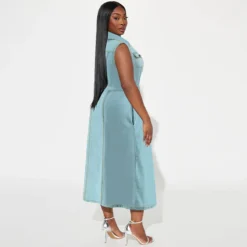 Plus Size Women's Turndown Collar Sleeveless Button Belt Denim Long Dress -Plus Size Dresses Shop fe6b691839ee8321