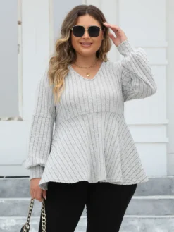 Women's Plus Size Tops Spring And Autumn V-Neck Ribbed Lantern Sleeve T-Shirt Basic Shirt -Plus Size Dresses Shop fe7d3f081a66570e