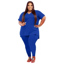Plus Size Solid Color V-neck Short Sleeve Two Piece Pants Set -Plus Size Dresses Shop ff976f596cbcc749